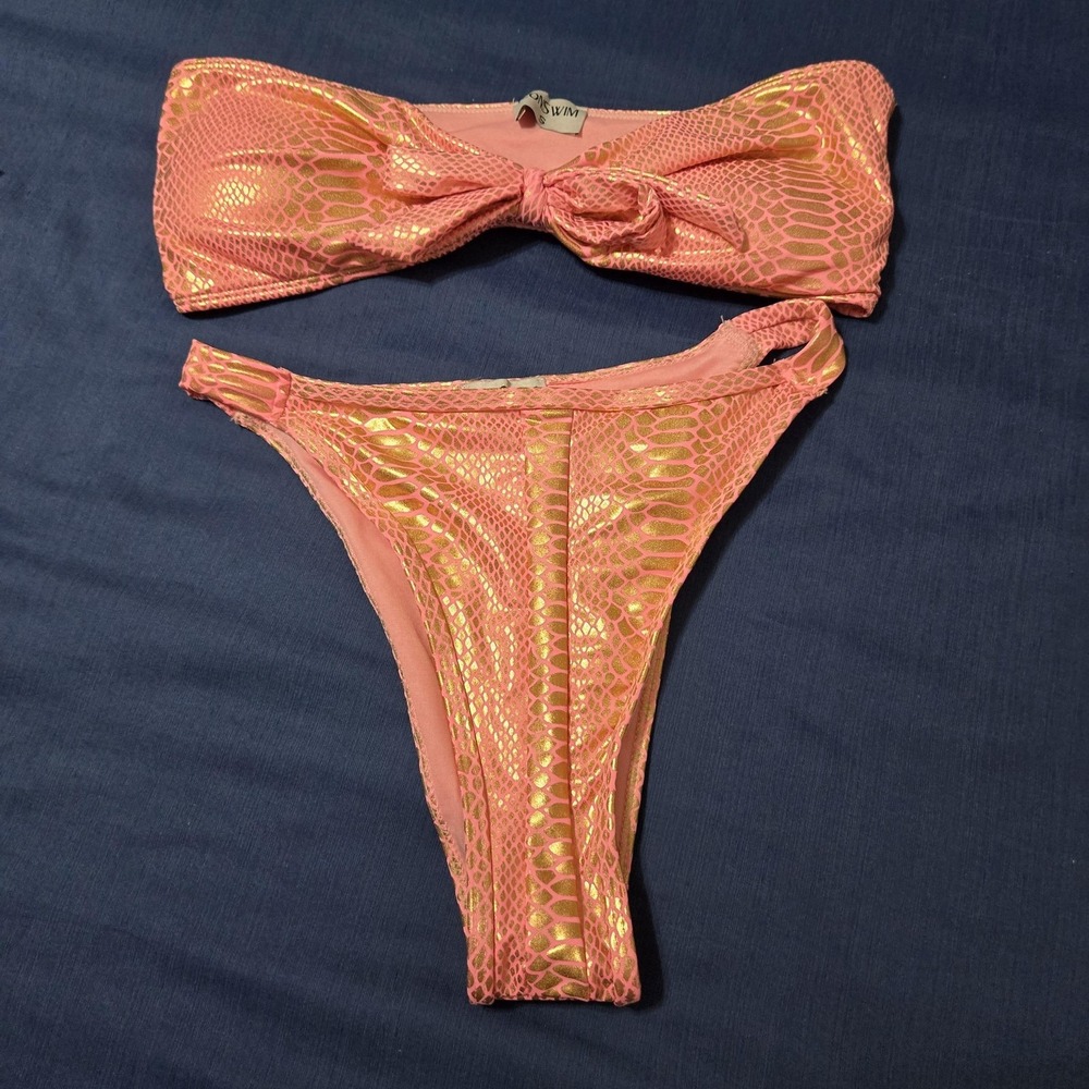 LOVASWIM Swimsuit Womens Small Pink Metallic Animal Print Bandeau 2 Piece Bikini